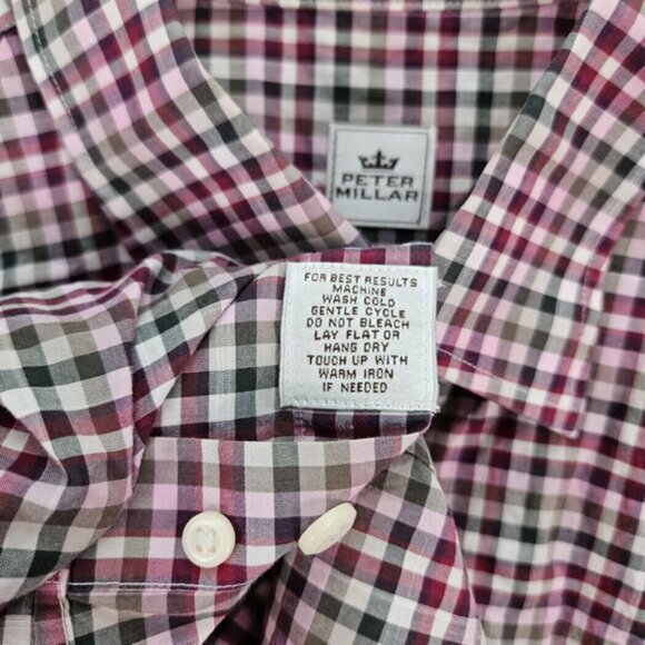 Peter Millar Dress Shirt White Pink Black Gray Plaid Long Sleeve Mens Size L - Picture 8 of 10